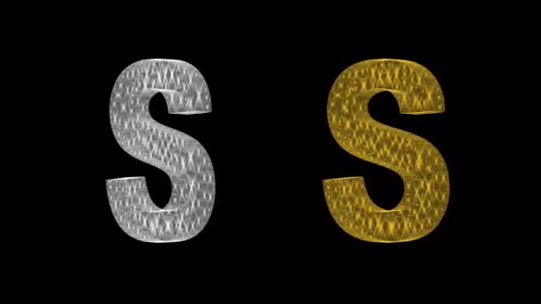 シルバーとゴールデン3Dイングリッシュアルファベットを平らな黒の背景にスピニング — ストック動画