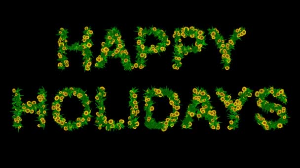 Счастливых Праздников Текст Желтыми Цветами Зелеными Листьями Простом Черном Фоне — стоковое видео