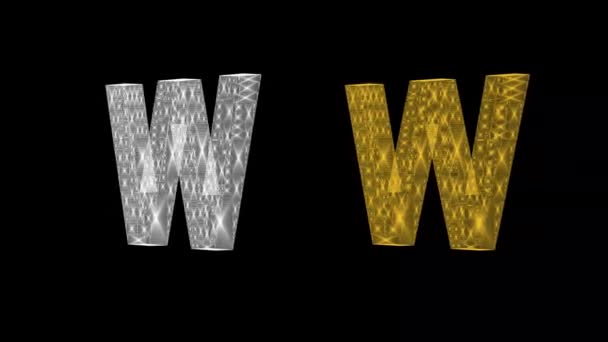 纯黑背景的旋转白银和金色3D英文字母W — 图库视频影像