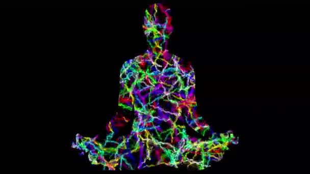 Yoga Σύμβολο Πολύχρωμες Ηλεκτρικές Σπίθες Απλό Μαύρο Φόντο — Αρχείο Βίντεο