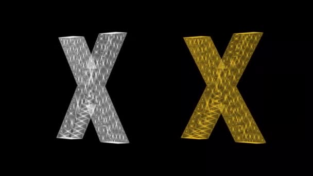 纯黑背景的旋转白银和金色3D英文字母X — 图库视频影像
