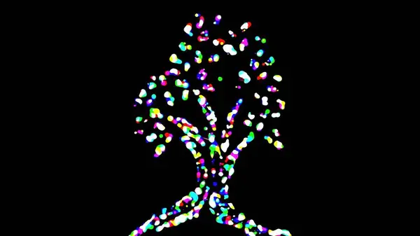 Düz siyah arkaplan üzerinde renkli parçacıklar bulunan ağaç şeklinin güzel bir çizimi