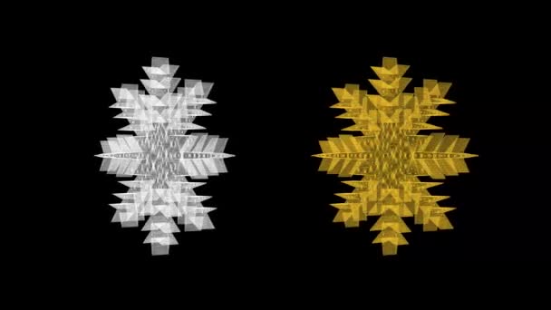 纯黑背景上旋转的银白色和金色3D雪花 — 图库视频影像