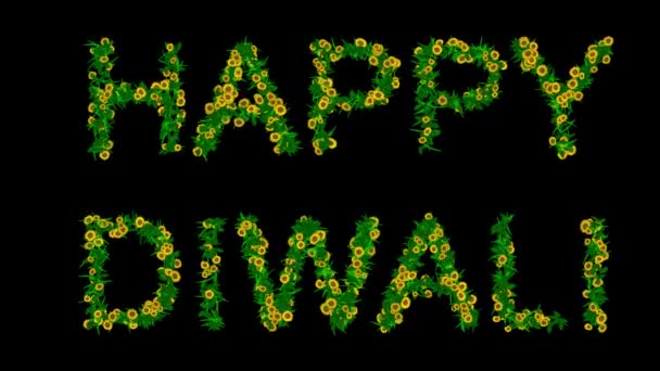 Happy Diwali Text Žlutými Květinami Sedmikrásky Zelené Listy Prostém Černém — Stock video