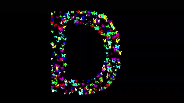 英文字母表D 背景为纯黑色 蝴蝶五彩斑斓 — 图库视频影像