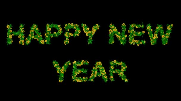Новогодний Текст Желтыми Цветами Зелеными Листьями Простом Черном Фоне — стоковое видео