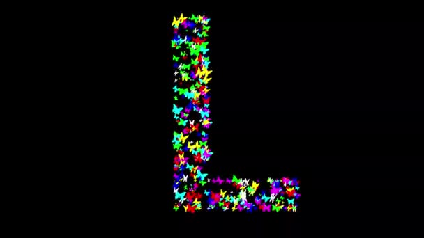 英语字母表L 背景为纯黑色 蝴蝶五彩斑斓 — 图库视频影像