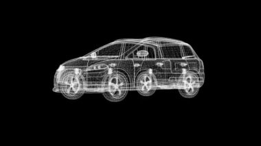 Sade siyah arkaplanda 3D kablo çerçeveli araba dönüyor
