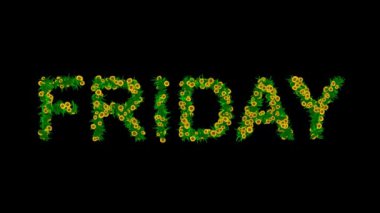 Sade siyah arka planda yeşil yapraklar ve sarı papatya çiçekleri olan Cuma metni