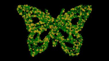 Yeşil yapraklı kelebek sembolü ve siyah arka planda sarı papatya çiçekleri.