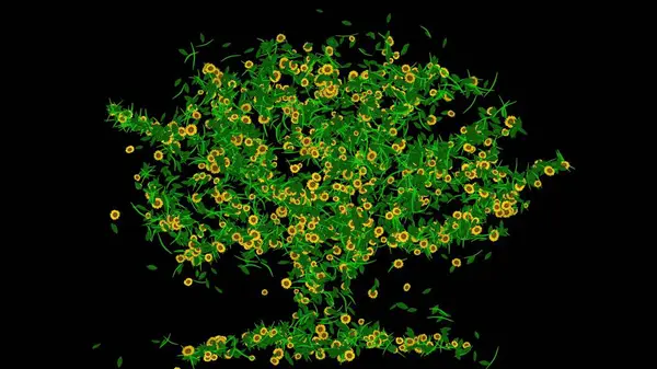 Yeşil yaprakları ve sarı papatya çiçekleri ile sade siyah arka planda ağaç şeklinin güzel bir çizimi