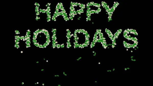 Yeşil yapraklı ve siyah arkaplanda beyaz papatya çiçekleri olan Mutlu Tatil metinlerinin güzel bir çizimi