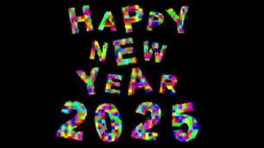 Sade siyah arkaplanda renkli piksel parçacıkları olan mutlu yıllar 2025.