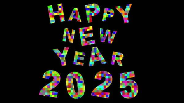 Sade siyah zemin üzerinde renkli pikseller bulunan Mutlu Yeni Yıl 2025 'in güzel bir çizimi