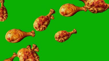 Yeşil ekranda kızarmış tavuk budu parçaları düşüyor.