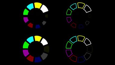 Sade siyah arkaplan ile renkli dairesel tamponlama sembolleri hareket grafikleri