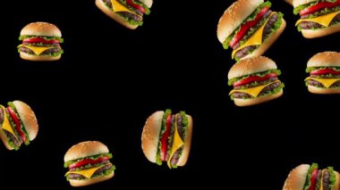 Sade siyah arkaplan ile düşen taze hamburgerler hareketi grafikleri