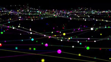 Sade siyah arkaplanda ızgara çizgilerine sahip renkli sihirli parçacıklar