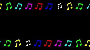 Düz siyah arkaplan üzerindeki renkli müzik sembolleri dekoratif çerçeve