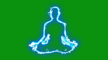Yeşil ekran arka planında yıldırım enerjisi kıvılcımları olan meditasyon sembolü