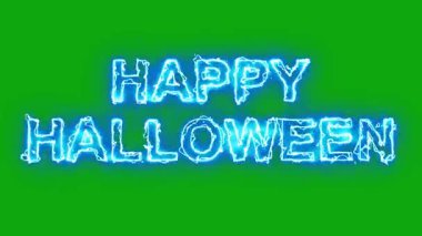 Yeşil ekran arka planında yıldırım enerjisi kıvılcımları olan Mutlu Cadılar Bayramı metinleri