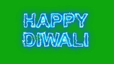 Yeşil ekran arka planında parlayan yıldırım enerjili Mutlu Diwali metinleri