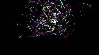 Siyah arka planda parıldayan renkli parıltılarla dönen 3 boyutlu Noel ağacı