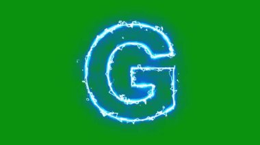 Yeşil ekran arka planında ışık enerjisi kıvılcımları olan İngiliz alfabesi G