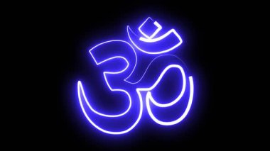 Hindu dini Om sembolü. Sade siyah zemin üzerinde mavi neon ışığı etkisi var.