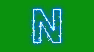 İngiliz alfabesi N ve yeşil ekran arka planında parlayan enerji kıvılcımları