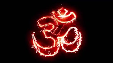 Hindu dini Om sembolü ateşin sade siyah arkaplan üzerinde bir etkisi var.