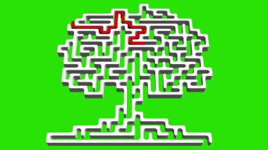 Yeşil ekran arka planında çözüm yolu olan ağaç şekilli 3d labirent
