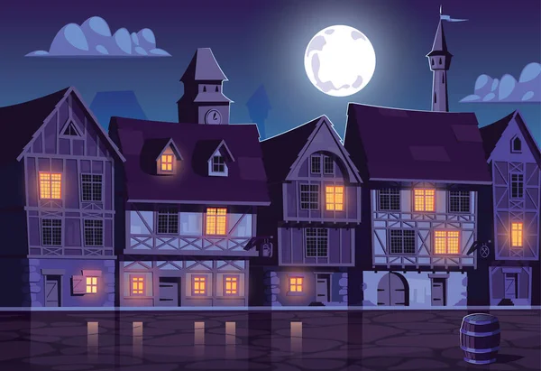Середньовічна Міська Вулиця Місячному Світлі Рядки Будинків Векторна Ілюстрація — стоковий вектор