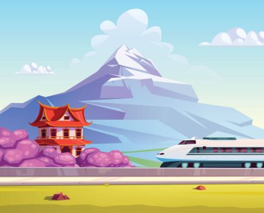Japon mermi treni ve Fuji Dağı 'nın arka planındaki geleneksel manzara çizimi ile geleneksel bina.