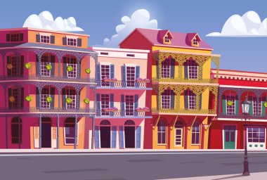 Fransız çeyrek vektör illüstrasyonunda New Orleans Bourbon Caddesi