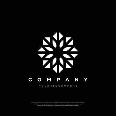 Bu logo, siyah bir arkaplan karşısında beyaz geometrik kar tanesine benzer bir deseni tasvir ediyor, zarafet ve modernitenin bir karışımını içeriyor..