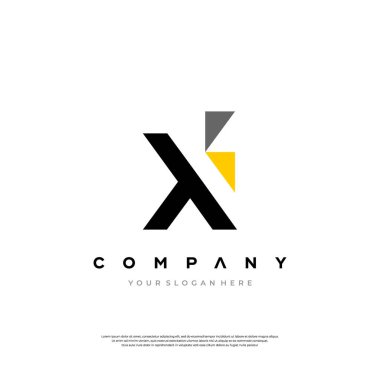 Parlak geometrik şekilleri ve şirket adı ve sloganı için yer tutucu metni olan siyah ve sarı X harfli modern ve dinamik bir logo.