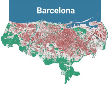 Barselona vektör haritası. Barselona 'nın idari alanının detaylı haritası. Şehir manzarası manzarası. Kraliyetten bağımsız vektör çizimi. Binalar, su ve ormanlarla dolu bir harita. Turist dekoratif yol haritası.