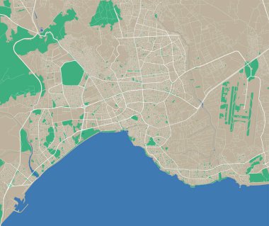 Antalya haritası. Antalya şehir idari bölgesinin ayrıntılı haritası. Şehir manzarası manzarası. Kraliyetten bağımsız vektör çizimi. Karayolları ve nehirlerle yol haritası.