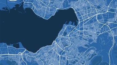 İzmir İdari Bölgesi 'nin ayrıntılı harita posteri. Mavi gökyüzü manzarası. İzmir bölgesinin dekoratif grafik turist haritası. Telif hakkı serbest vektör illüstrasyonu.
