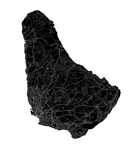 黒バルバドス地図 カリブ海の島の国 海岸線 海と森 都市や道路との詳細な地図 — ストックベクタ
