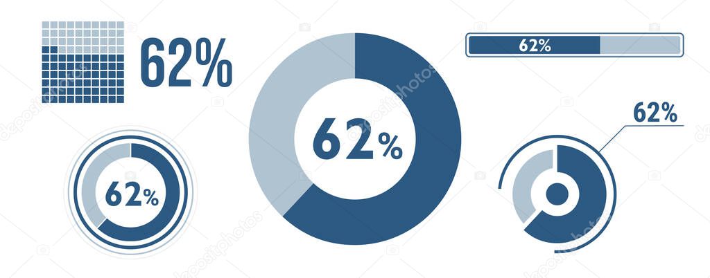 62 percent loading data icon set. Sixty-two circle diagram, pie donut ...