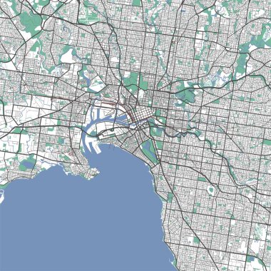 Melbourne map. Detailed map of Melbourne city administrative area. Cityscape panorama. Royalty free vector illustration. Outline map with highways, streets, rivers. Tourist decorative street map.