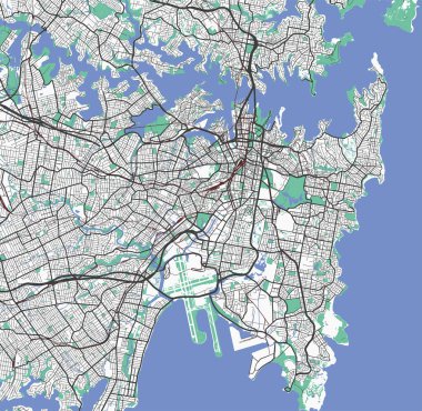 Sydney map. Detailed map of Sydney city administrative area. Cityscape panorama. Royalty free vector illustration. Road map with highways, rivers.
