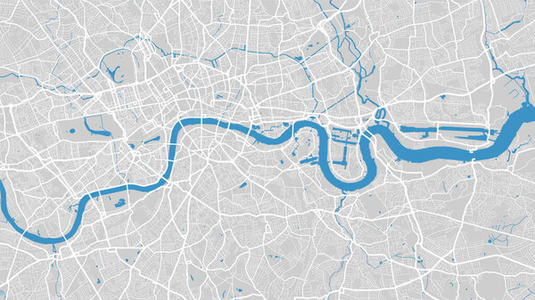 Thames river map, London city, England. Watercourse, water flow, blue on grey background road map. Vector illustration, detailed silhouette.