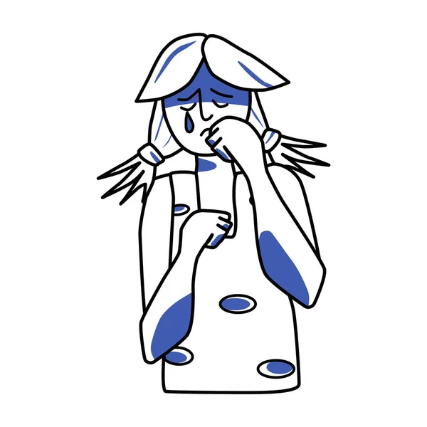 Sad girl, emotion of melancholy. Sadness teenager mood half body drawing, mourning adolescent with tears, crying melancholy of female child, despair and grief. Line art with blue spots.