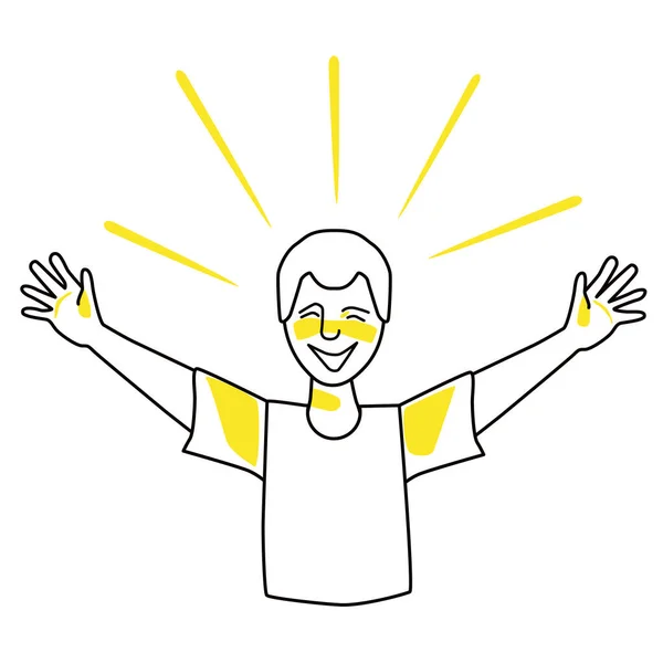 Happy boy, emotion of happiness. Joyful adolescent half body vector drawing, good spirit of female child, hands to the sides. Line with yellow spots style, teenager with joy.