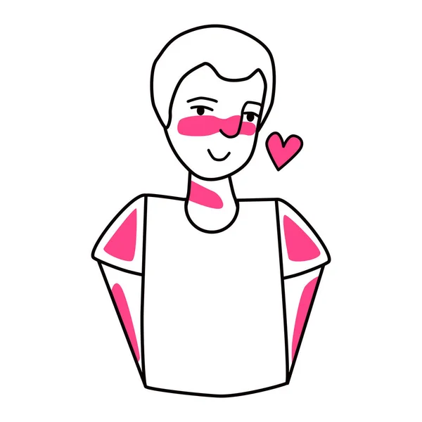 Shy boy with emotion of love. Beloved teenager half body drawing, sweetheart tender mood male teenager, amour affection schoolboy flirting. Line with pink spots style.