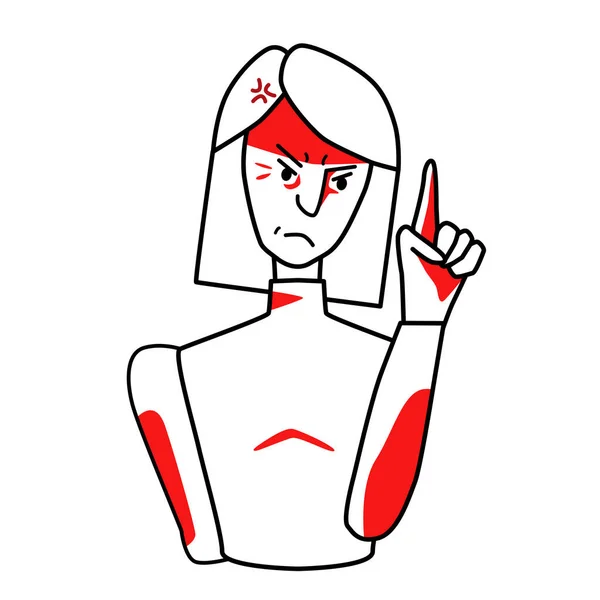 Angry woman, annoyed emotion. Irritated half body female line drawing with red spots, evil mood maiden, threatened with a finger. Give a lesson.