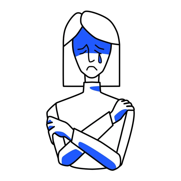Sad woman, emotion of sorrow. Melancholy of maid, half body drawing, depressed female with tears, crying melancholy, despair and grief. Line art with blue spots.